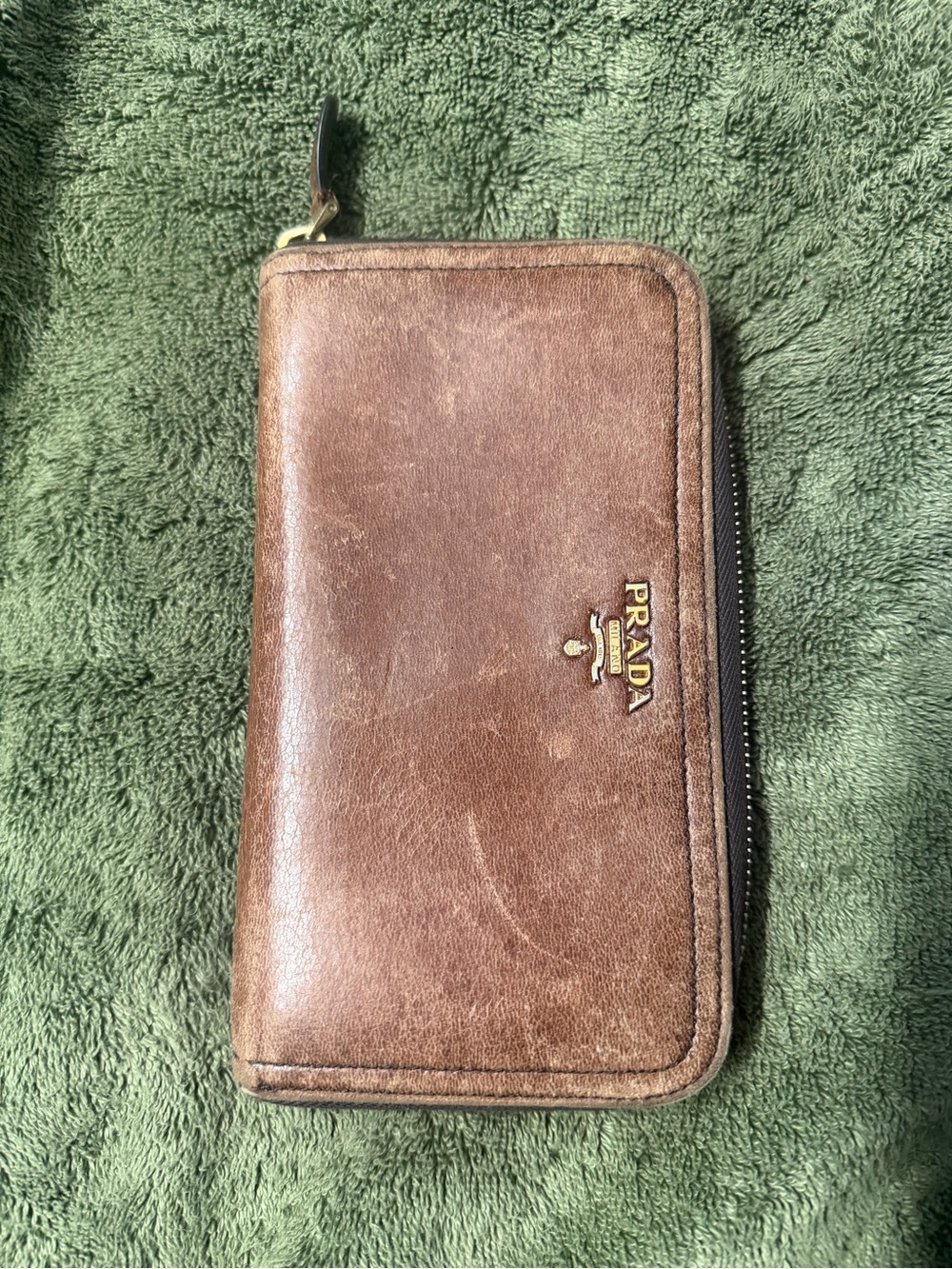 Prada Brown Leather Zip-Around Wallet with Gold Logo